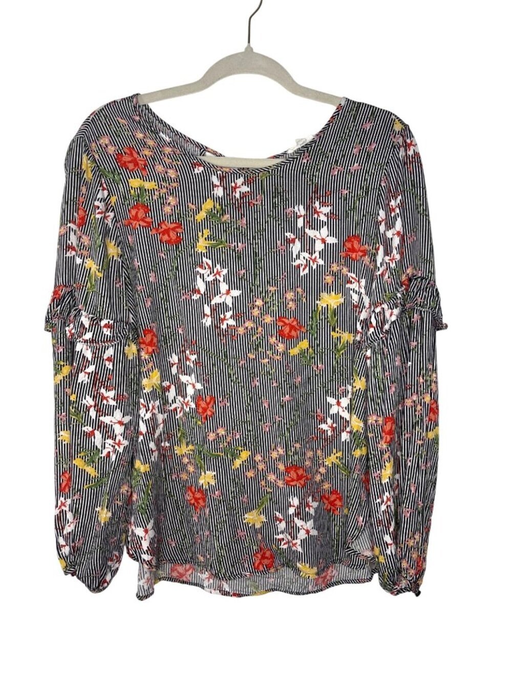 Floral Striped Long Sleeve Blouse With Ruffle Detail & Keyhole Back Women's Sz M